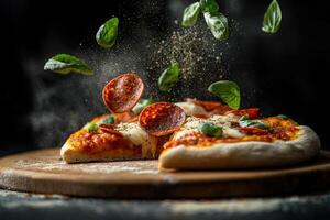 Delicious pepperoni pizza with flying basil leaves and spices photo