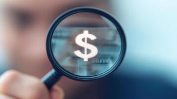 Businessman holding magnifying glass showing dollar symbol reflecting banknote photo