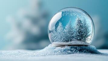 Snow globe showing winter wonderland with snowy pine trees on blue background photo