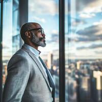 Pensive businessman contemplating city skyline from office window photo