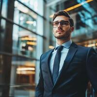 Confident businessman wearing suit and glasses standing in modern office building photo