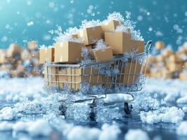 Shopping cart full of cardboard boxes covered by snow during winter sale representing online shopping and delivery photo
