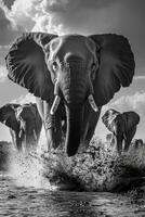 Elephant herd running through water in black and white photo