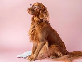 Intelligent golden retriever dog wearing glasses and studying documents on pink background photo