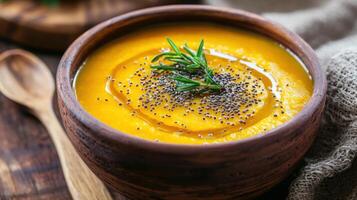 Pumpkin soup garnished with chia seeds and rosemary in rustic bowl photo