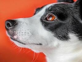 Adorable dog posing on a red background, close up of canine beauty photo