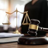 Judge gavel resting on sound block with scales of justice in background photo