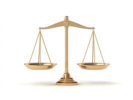 Golden balance scale symbolizing justice and equality on white background photo