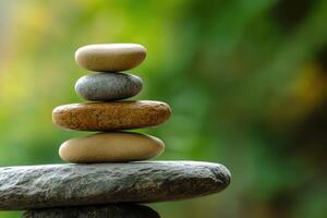 Stack of balancing pebbles creating harmony and tranquility in nature photo