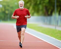 Senior man running on track, maintaining health and fitness in retirement photo