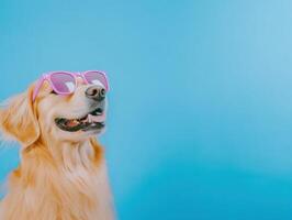 Golden retriever dog wearing pink sunglasses on blue background photo