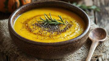 Wooden bowl of pumpkin soup with chia seeds and rosemary topping photo