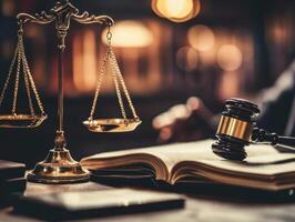 Scales of justice, gavel and law book resting on desk in law office photo