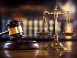 Law and justice concept, gavel and scale representing legal proceedings photo