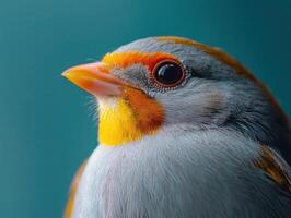 Colorful bird posing on turquoise background, ornithological portrait photo