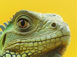 Iguana face close up showing scales and eye on yellow background photo