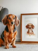 Adorable dachshund posing with its watercolor portrait in modern living room photo