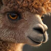 Brown alpaca showing its beautiful orange eye in a close up portrait photo