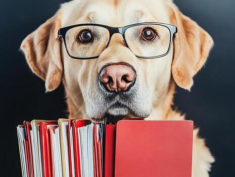 Labrador retriever dog wearing eyeglasses and holding files in office setting photo