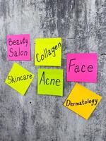 Vertical photo with the idea of facial skin care. Problematic facial skin and acne control. Simple design with colorful stickers to draw attention to skin care