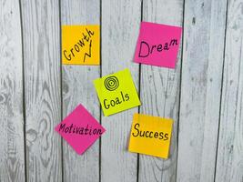 Collection of colorful sticky notes with motivation related words Motivation and Success on wooden board. Perfect for encouraging concepts of personal development, goal setting, and career growth photo
