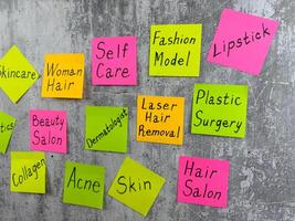 Beauty reminders about complexity of fashion industry. Routine for caring for your body for the best appearance. Maintaining health and attractiveness. Stickers with words about the fashion photo