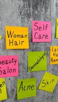 Vertical photo with list of words associated with the fashion industry. Beauty requires sacrifice. Complex matters of body care and skin health for an attractive appearance of person