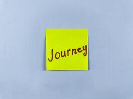 Sticky note with the word Journey written on it, placed on a white background. Ideal for illustrating themes of travel, adventure, and personal growth. Great for concept creation photo
