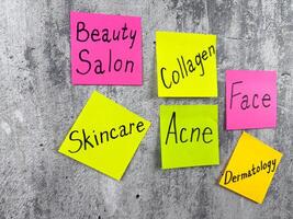 Conceptual photo for article about skin care. Drawing attention to skin problems and acne removal with colored sticky notes. Reminder with words about caring for your body and epidermis