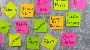 Large list of words on color stickers on the topic of beauty and fashion industry. Importance of caring for your body and skin. Women procedures for maintaining their beauty photo