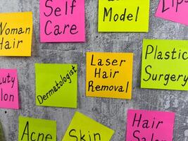 Routine to do list for person in the fashion industry. Maintaining healthy skin and taking care of your attractive appearance. Beauty requires sacrifice. Sticker note concept photo