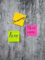 Vertical photo symbolizing acne and skin care. Stickers to remind about importance of visiting dermatologist for acne treatment and skin problems. Beauty and health of skin of the body and face
