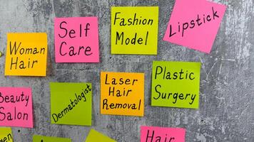 Components of fashion industry are written on colored stickers on the wall. Photo highlights the complexity of body care and skin care. The importance of maintaining a healthy body for beauty