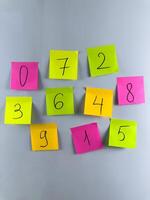 Scattered colored cards with numbers to test the child skills photo