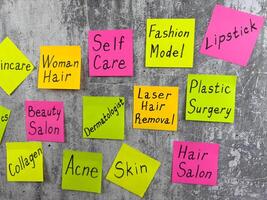 List of reminders on bright stickers with words describing all components of beauty business. Fashion industry with complex tasks of caring for body and constant routine for maintaining beauty photo