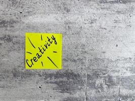 Bright yellow sticky note displaying the word Creativity with decorative elements on a textured grey background, symbolizing inspiration and the power of imaginative thinking photo