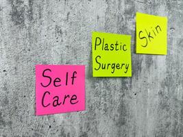 Selfcare, simple reminder on sticky notes with motivational words to control health. Conceptual photo showing the importance of selfcare to avoid plastic skin surgery