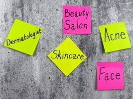 Sticky notes with handwritten words about the importance of taking care of your body. Photo conveys reminder of the of skin care. In the mood for visit to the dermatologist