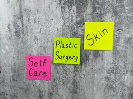 Complex concept with simple design showing importance of taking care of your body and skin. Reminder of plastic surgery intervention and poor skin condition to treat problem areas on body and face photo