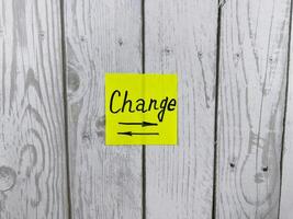 Bright yellow sticky note with the word Change written on it pinned on a rustic wooden board background. Symbolizes transformation and adaptation photo