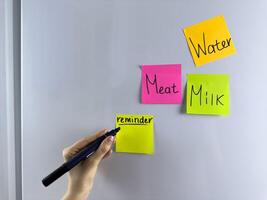 Hand writing note on colored reminder hanging on refrigerator photo