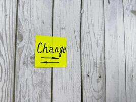 Bright yellow sticky note with the word Change written on it, placed on a rustic wooden background. Perfect for illustrating concepts of transformation, motivation, and new opportunities photo