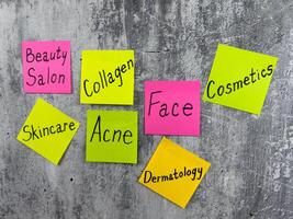 Cosmetic concept for fashion industry with simple design with stickers and words about dermatology components. Attractiveness of girl with skincare and cosmetics photo