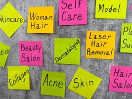Wall stickers with words about women routine. The importance of taking care of your body and maintaining healthy skin. Conceptual photography about the difficulties in the fashion business photo