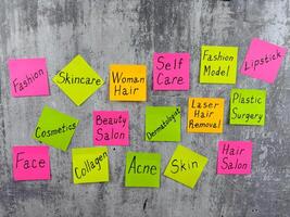 Lots of words about the beauty and fashion industry. Sticky notes with words describing the importance of selfcare. Fashion business with routine activities for taking care of your body and skin photo