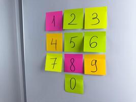 Multicolored sticky notes with numbers from zero to nine hanging on refrigerator photo