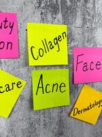 Attention to skin problems. Conceptual photo with sticky notes with words reminding about the importance of taking care of your body. Acne control and maintaining healthy skin