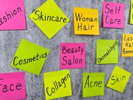 List of words about fashion and beauty industry on bright stickers. Reminder about the difficulties of caring for your body. Importance of skin care and the difficulty of maintaining healthy beauty photo