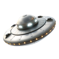 Futuristic Silver UFO Spaceship with Luminous Lights on transparent Background 3D Render png