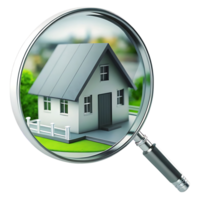 Magnifying Glass Enlarging a Suburban House Model for Real Estate Inspection and Property Search png